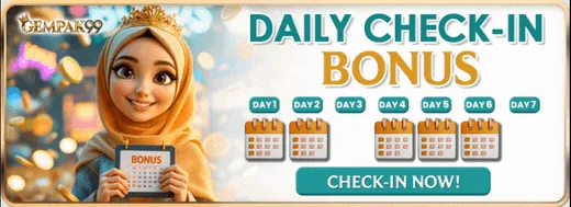 Gempak99 daily check-in bonus banner showing seven-day calendar, RM2 free credit claim, bonus gift on day 3 5 and 7, check-in now button Malaysia