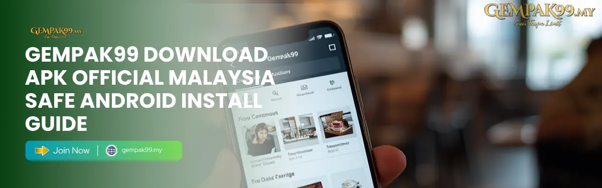 GEMPAK99 download APK official Malaysia showing Android install screen, safe APK button on gempak99.my mobile app page, and free RM3 app bonus claim for Malaysian players