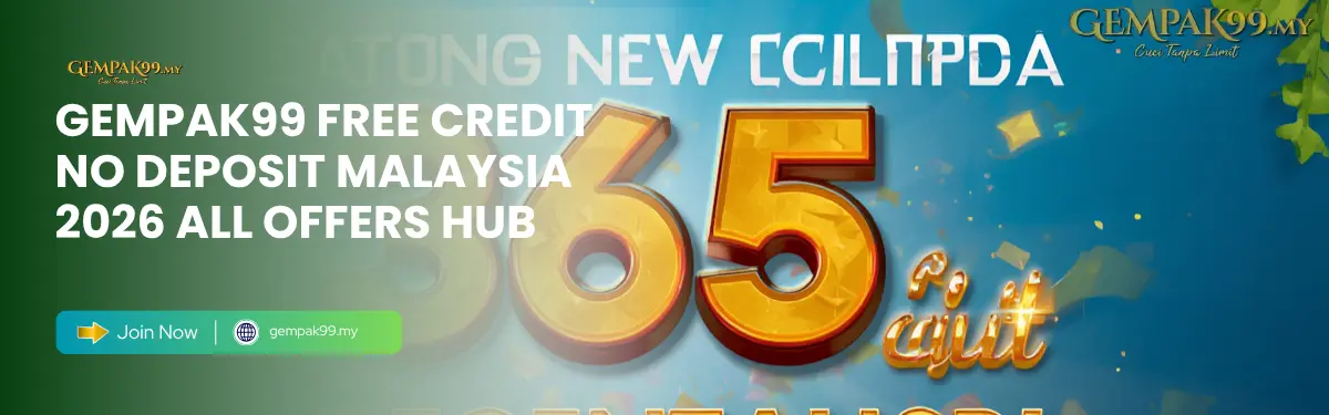 GEMPAK99 free credit no deposit Malaysia 2026 showing 365 hari daily claim calendar, check-in rewards, and new register RM6 bonus screen on gempak99.my for Malaysian players