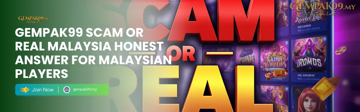 Malaysian player researching whether GEMPAK99 is a scam or real with official gempak99.my site and warning signs of fake clone pages on screen