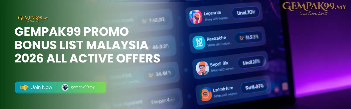 Malaysian player reviewing GEMPAK99 bonus offers and promotion list on desktop with welcome deposit tiers and free credit deals on gempak99.my