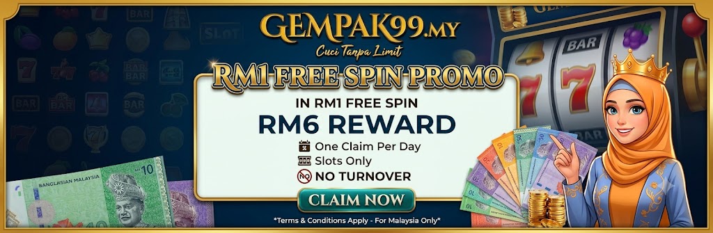 Gempak99 RM1 free spin promo banner showing RM6 reward, once daily claim, slots only checkmarks, min withdraw RM100 and max 5% Malaysia