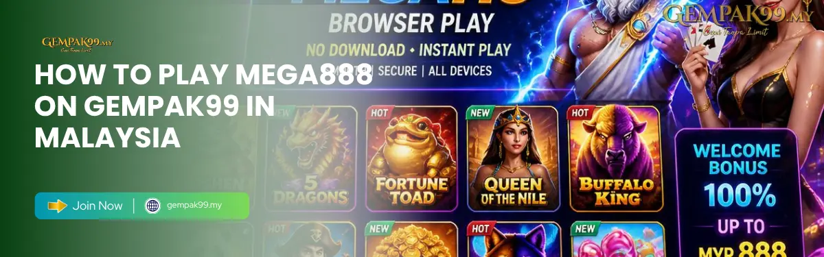 GEMPAK99 Malaysia Mega888 slot lobby showing MEGAH5 browser play and app download options
