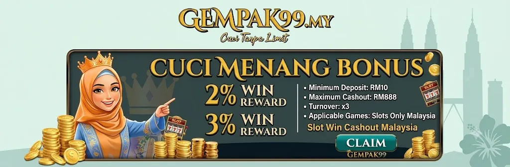 Gempak99 Cuci Menang Bonus promo card showing 2% and 3% win rewards, RM10 min deposit, RM888 max cashout, x3 turnover, slots only Malaysia