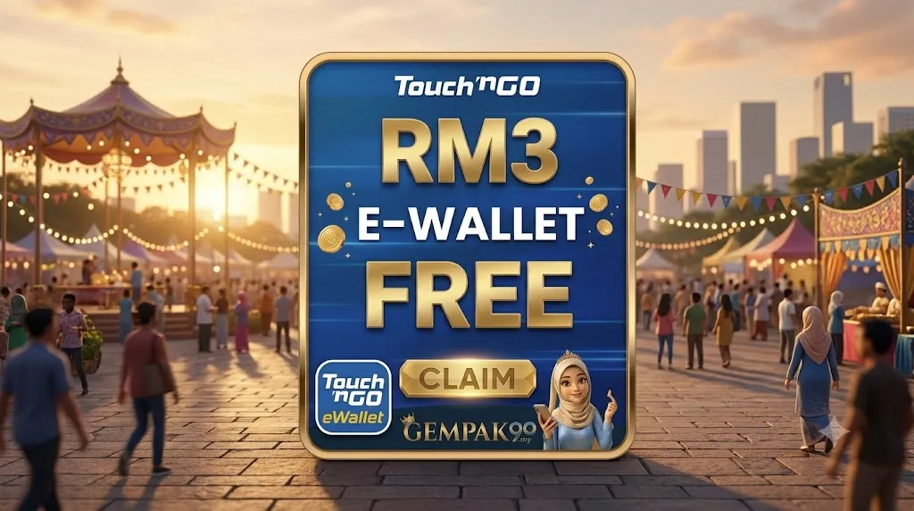 GEMPAK99 RM3 free Touch n Go e-wallet top-up bonus banner showing deposit RM10 to RM15 claim offer for Malaysian players