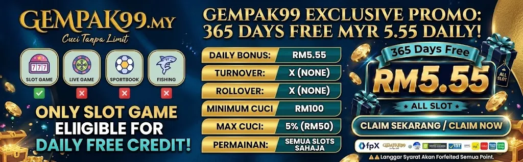 GEMPAK99 daily free credit popup for Malaysia slot play, with a tick on slots and crosses on live casino, sportsbook, and fishing, plus RM100 min withdraw