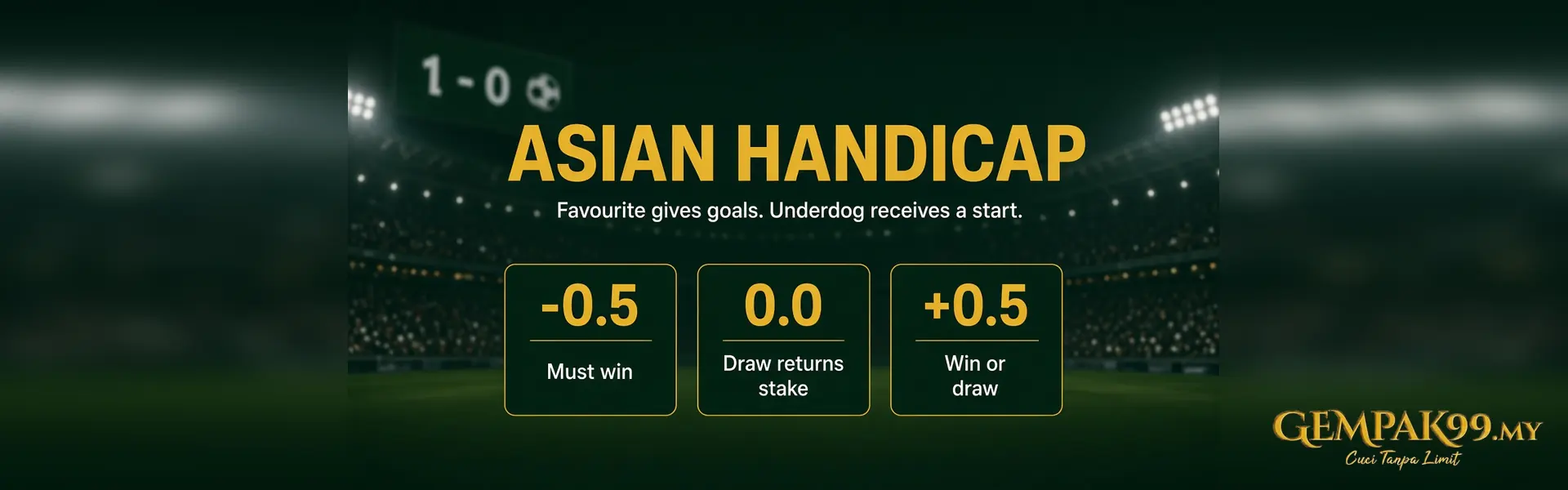 GEMPAK99 27 Asian handicap banner with minus 0.5, level ball and plus 0.5 on a night football pitch