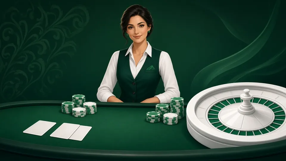 Live dealer at a green casino table