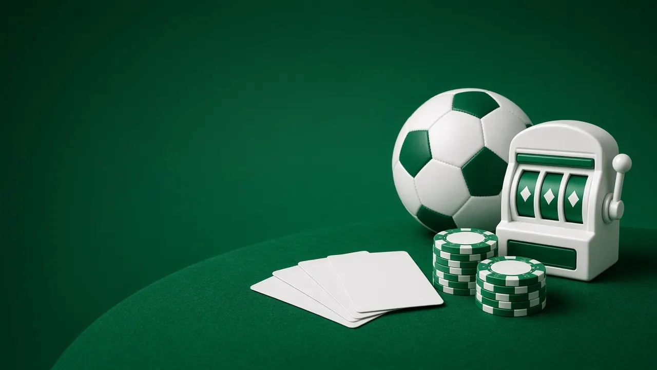 Green and white casino table with cards, chips, and a football
